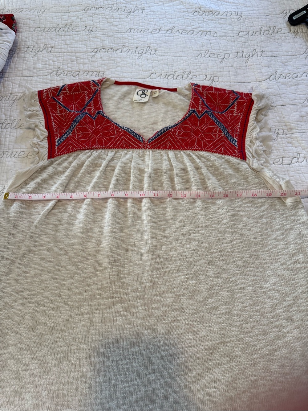 One September by Anthropologie Burnout Slub-knit Top w/ Red Embroidered Yoke - Picture 4 of 8